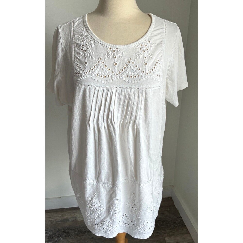Woman Within White Eyelet Embroidered Pintuck Tunic Top Size L 18/20 Cotton